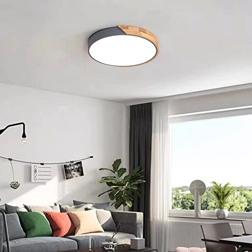 Vikaey Modern LED Ceiling Light, Minimalist Wood Style Flush Mount Ceiling Light Fixture, Circle Lighting Lamp with Acrylic Lampshade for Bedroom Living Room Dining Room Laundry (Grey, 15.8'')