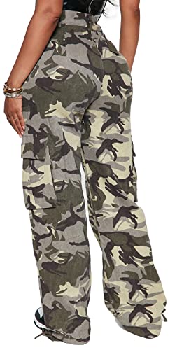 Camo Cargo Pants Women High Waisted Baggy Straight Leg Relaxed Fit Jeans Y2K Fashion Hiking Pants Rave Outfits Streetwear with 6 Pockets Green Camo M