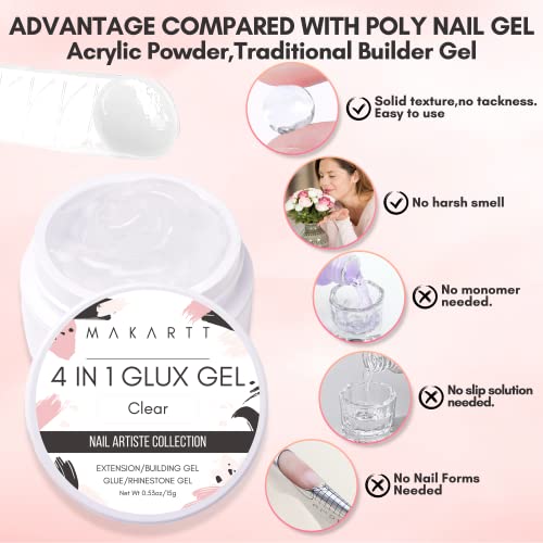 Makartt Solid Builder Nail Gel,15ML 4 in 1 Nail Extension Gel UV Nail Glue for Acrylic Nails Rhinestones Gel 3D Nail Sculpture Gel 3D Molding Gel Hard Gel for Nails UV/LED Nail Lamp Required Clear