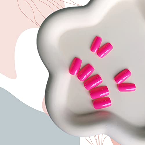 Hot Pink Press on Nails Medium Length,Xcreando Square Fake Nails Kit Acrylic Set,Summer Nails Glue on Natural Short Press on Nails Acrylic,Glue on Nails for Women24PCS