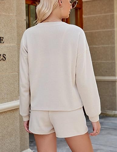 VIMPUNEC Women Lounge Sets Casual Sweatsuits Pajama Sets Fall Two Piece Outfits Long Sleeve Top and Shorts Tracksuit Apricot S