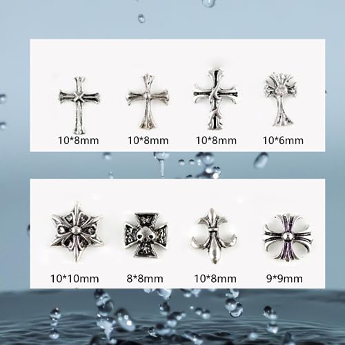 100 Pcs 3D Metal Silver Cross Nail Charms Heart Nail Charms Multi Design Punk Retro Punk Hearts Cross Skulls Multi Design for Nail Decoration