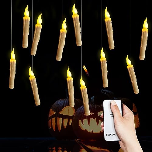 KUKIKUKI 12PCS Batteries Operated Taper Candles with Remote, Flameless Taper Window Candles Flickering Warm White Light,Led Hanging Candlesticks for Party Halloween Christmas Church Home