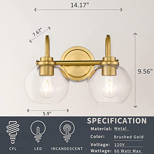 OUVR Gold Bathroom Light Fixtures 2 Light Vanity Lights Over Mirror with Clear Glass Lamps Shades Bathroom Lighting for Mirror Kitchen Bedroom Hallway Living Room (Without Bulbs)