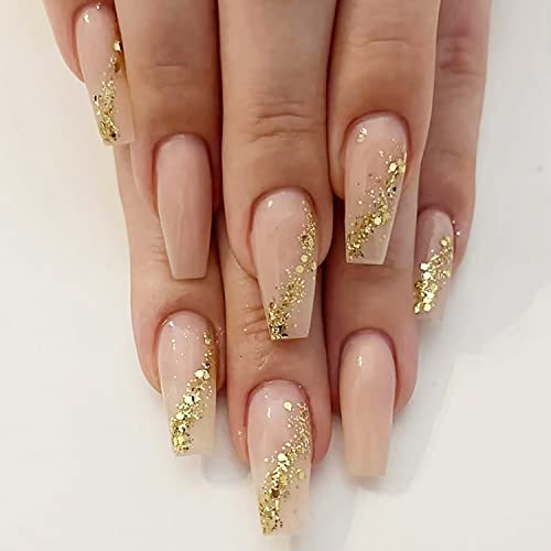 Press on Nails Medium Length Golden Fake Nail Gold Sequins Glossy Nails Design Acrylic Nails Full Cover Stick on Nails for Women and Girls 24Pcs