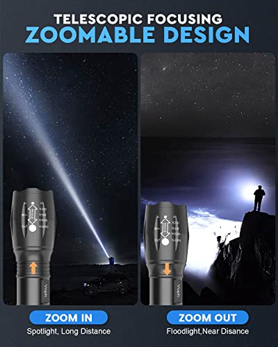 Voph Flashlight 2 Pack, 5 Modes 2000 Lumen Tactical LED Flash Light, High Lumens Bright Waterproof Flashlights, Focus Zoomable Flash Lights for Camping, Emergencies, Outdoor, Home, Gift for Men & Dad