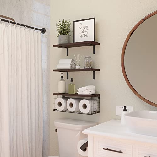 WOPITUES Bathroom Shelves Over Toilet, Floating Bathroom Shelves Wall Mounted with Wire Basket, Wood Floating Shelf for Wall Décor, Bathroom Wall Décor Shelves, Wall Shelves for Bathroom–Rustic Brown