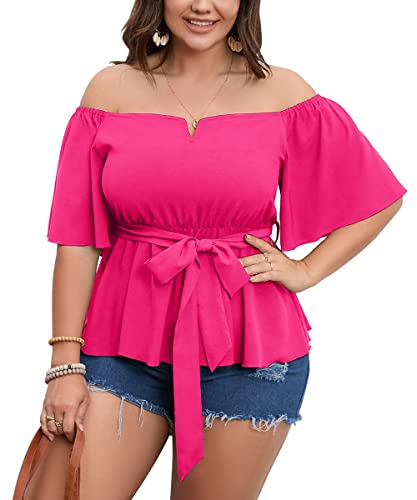 SCOMCHIC Women's Plus Size Off The Shoulder Peplum Blouse Top Half Bell Sleeve Tie Waist Ruffle Hem Babydoll Tops Rose Red