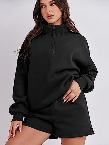 Prinbara 2 Piece Lounge Set For Women Outfits Fall Sweatsuit Fleece Oversized Half Zip Sweatshirt Casual Loose Matching Short Set Loungewear Sweat Set Preppy Clothes Black 7PA75-heise-M