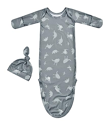 Terriboo Newborn Baby Boy Long Sleeve Sleeper Gown with Mittens Knotted Gown Coming Home Outfit Nightgown Hat Set 2 Pieces (Blue and Green, 0-3 month)