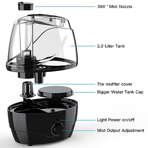 Humidifiers for Bedroom Large Room Home, 2.2L Cool Mist Humidifier for Baby Kids, 30 Hours with Whisper-Quiet Operation, Adjustable 360° Rotation Nozzle, Night Light Function, BPA Free(black)