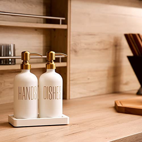 Prus Waso White Soap Dispenser Set, Contains Glass Dish Soap Dispenser and Hand Soap Dispenser. Kitchen Soap Dispenser with Stainless Steel Pump, Perfect for Kitchen Counter Decor. (White)
