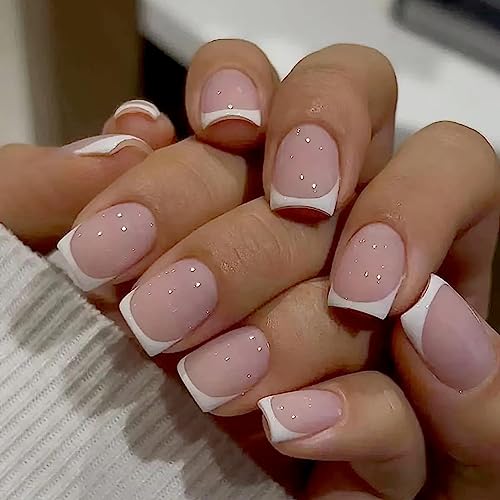 24Pcs Pink Press on Nails Short Fake Nails French Tip False Nails Glossy Artificial Acrylic Full Cover Glue on Nails Square Stick on Nails for Summer Women Girls Manicure Art（White）