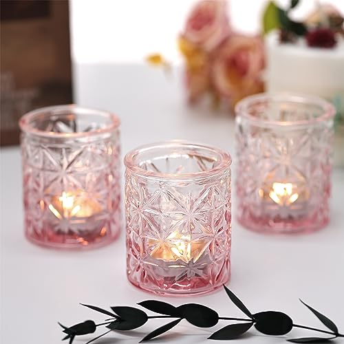 Sunnyfuture 12pcs Pink Votive Candle Holders, Tealight Candle Holders, Glass Candle Holders for Table Centerpiece, Wedding, Home Decoration, Birthday Party,Gifts