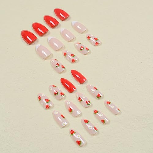 24 Pcs Medium Press on Nails French Tip Almond Fake Nails Glossy Designs False Nails with Strawberry Pattern Full Cover Acrylic Nails for Women