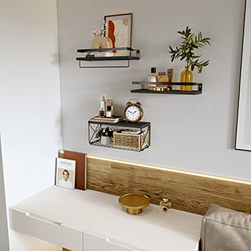 Hoiicco Bathroom Shelves with Wire Storage Basket, Floating Shelves Over Toilet with Protective Metal Guardrail, Wall Shelves for Bedroom, Living Room, Kitchen and Bathroom Toilet Paper
