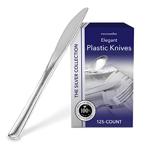 Stock Your Home 125 Disposable Heavy Duty Plastic Knives, Fancy Plastic Silverware Looks Like Real Cutlery - Utensils Perfect for Catering Events, Restaurants, Parties and Weddings (Silver)