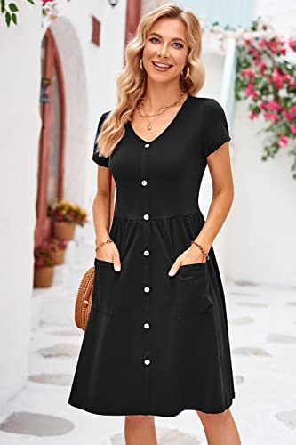 OUGES Womens Summer Short Sleeve Midi Dresses Button Down V Neck Skater Dress with Pockets(Black395,S)