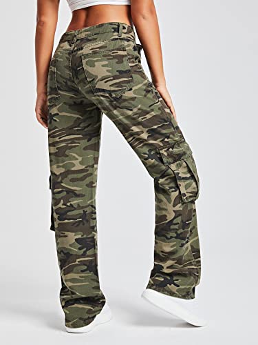 WDIRARA Women's Camo Print Cargo Baggy Jeans High Waist Wide Leg Denim Army Pants Army Green Camouflage S