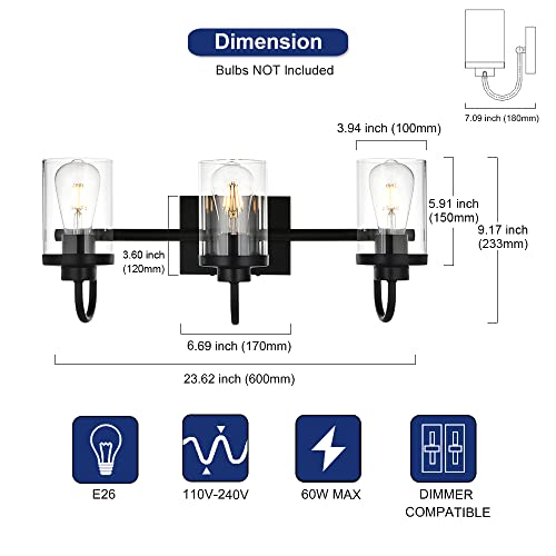 TODOLUZ Farmhouse Bathroom Vanity Light Fixtures with Clear Glass, 3-Lights Black Wall Lamp Lighting Fixture for Mirror Cabinets Dressing