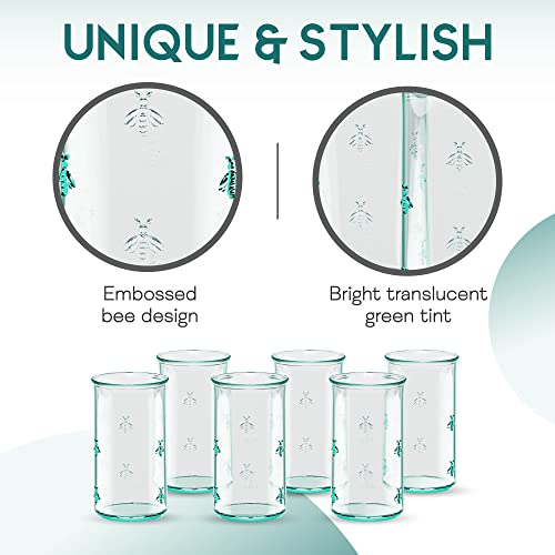 Amici Home Regina Hiball Glass | 18 Oz | Italian Made, Recycled Green Glass | Drinking Glass with Embossed Bee Design for Water, Juice, Iced Tea, Cocktails (Set of 6)