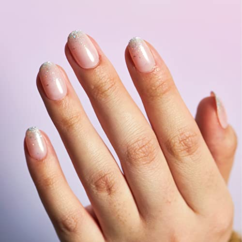 Press on Nails Short Round Nails, Silver French Tip Nude Pink Fake Nails with Design Glitter Oval Full Cover False Nails Reusable Glue on Nails for Women Acrylic Stick on Nails Decoration Gifts, 24Pcs