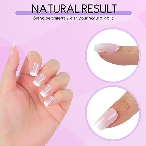 Kugge Short Press On Nails Square, 24PCS Nude White Ombre French Fake Nails Kit with Nail Glue and Adhesive Jelly Glue, Gel Made Reusable Glue On False Nails for DIY Manicure at Home(Short Square Pink White Ombre)