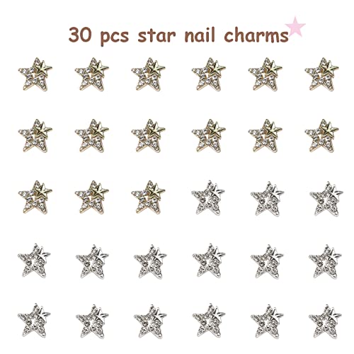 Baoximong 30 PCS Star Nail Art Charms Gold Silver Nail Charms for Acrylic Nails 3D Nail Art Supplies Rhinestones Shiny Gems Crystals Jewelry Design Nail Accessories for Women Nail Decorations