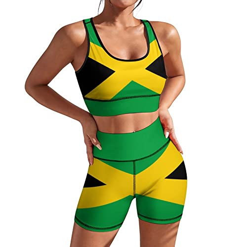 AuHomea Two Piece Yoga Outfits for Women Seamless Workout Athletic Sports Bra and Leggings Jamaica Flag Short Set Tracksuits,XL