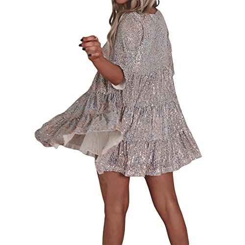 GOOCHEER Women 's Glitter Sequin Loose Shirt Dress Short Sleeve Babydoll Sparkly Tiered Mini Dress Concert Party Clubwear (Silver, XL)