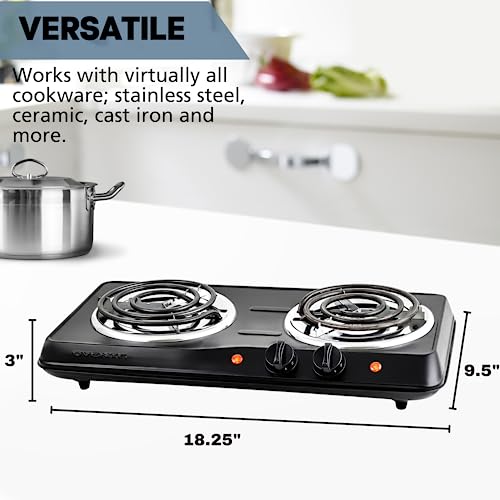 OVENTE Electric Double Coil Burner 6 & 5.75 Inch Hot Plate Cooktop with Temperature Control and Easy to Clean Stainless Steel Base, 1700W Portable Countertop Stove for Home or Dorm, Black BGC102B