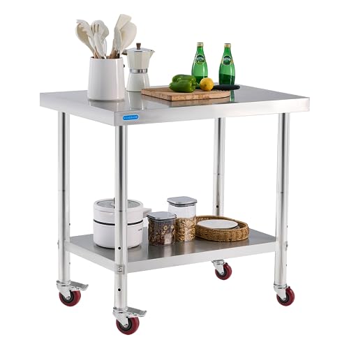 KUARBARR 2023 New Stainless Steel Table for Prep & Work with 4 Caster Wheels with Undershelf 24 x 36 NSF Metal Commercial Kitchen Adjustable Undershelf Worktable for Restaurant Home Outdoor