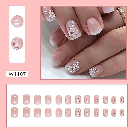 Short Press on Nails Square Fake Nails with Flower Designs French Gradient False Nails Cute Short Acrylic Press on Nails Glossy Nude Pink Stick on Nails Reusable Artificial Nails for Women Girls