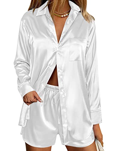 Ekoauer Womens Satin Stylish V Neck Long Sleeve Button Down Shirt and Matching Shorts Pajama Set, White, Small