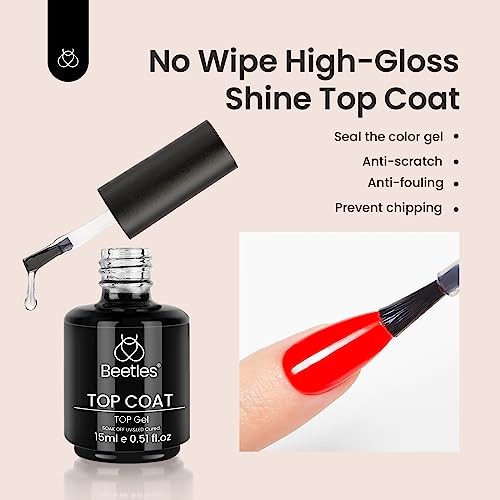 beetles Gel Polish- 15ml/0.51fl oz No Wipe Top Coat High Gloss Shiny Long-Lasting Clear Gel Top Coat, Soak Off Nail Lamp Nail Gel, Home DIY Professional Manicure and Nail Salon