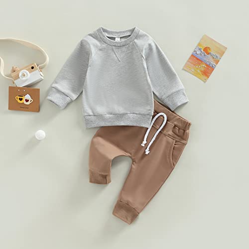 Toddler Baby Boy Clothes Solid Color Long Sleeve Crewneck Sweatshirt Top Casual Pants Set 2Pcs Fall Winter Outfits (Grey & Coffee, 12-18 Months)