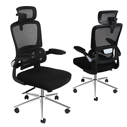 Mesh Ergonomic Office Chair with Flip Up Arms High Back Desk Chair -High Adjustable Headrest, Tilt Function, Lumbar Support Swivel Computer Chair Task Chair,Executive Chair, Black(Gray AC)