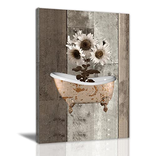 HShiQeart Rustic Farmhouse Sunflowers Wall Art Bathroom Wall Art Modern Flower Bathtube Artwork Rustic Wood Board Background Contemporary Wall Art Decor For Bedroom Living Room 16X24 inch Frameless