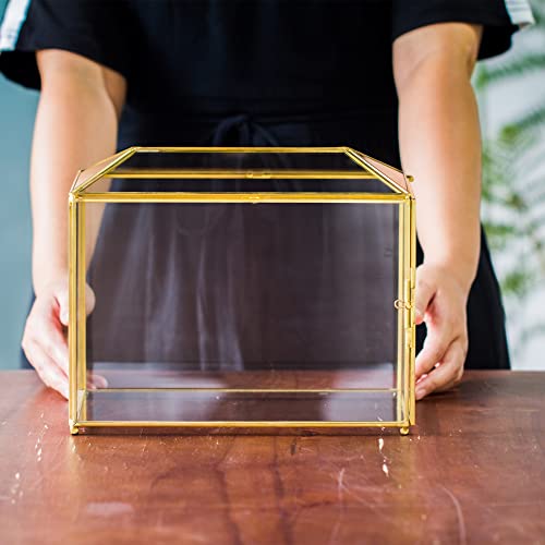 NCYP Gold Glass Cards Box with Slot and Lock for Wedding Reception - 10.2x5.9x7.9 Inches - Birthdays Party Card Holder, Home Geometric Decorative Box, Large Clear Terrarium (Glass Box Only)