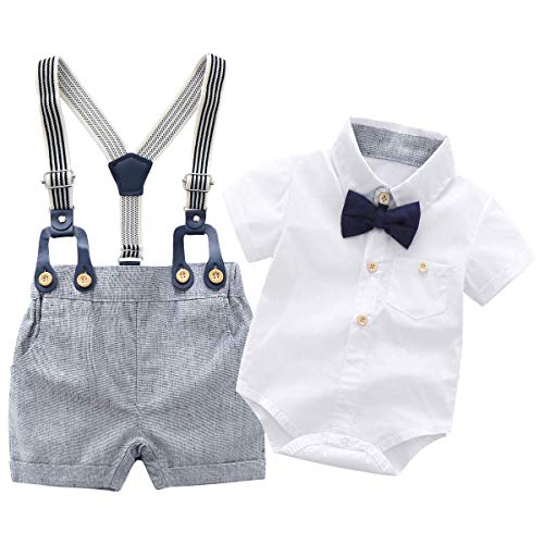 Baby Boys Gentleman Outfits Suits, Infant Short Sleeve Shirt+Bib Shorts+Bow Tie Overalls Clothes Set,9-12M