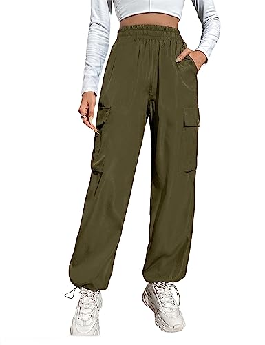 BMJL Womens Cargo Pants Wide Leg Hiking Pants Y2K High Waisted Amry Green Baggy Pants Parachute Trendy Pants with Pockets (Green, L)