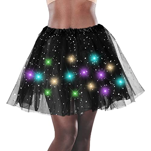 QLINLEAF Women's LED Tutu Skirt Light Up Ballerina Puffy Stars Skirt (Black)