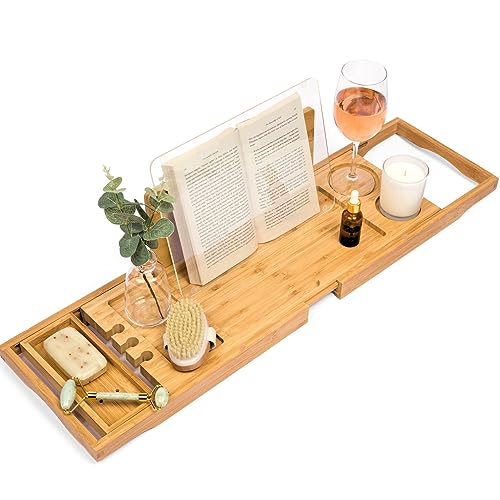 Luxe Lily Bathtub Tray | Holds Book Open with Removable Water Shield | Luxury Bath Tray | Extendable Bath Tub Tray Table | Bath Tray for Tub with Wine Holder | Bathtub Caddy for Home