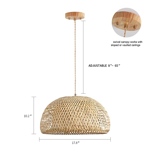 Hchunqjor Bamboo Large Pendant Light Fixture 17.8 inch One-Light Adjustable Rustic Basket Handmade Woven Pendant Lighting for Kitchen Island Farmhouse Dining Room Living Room