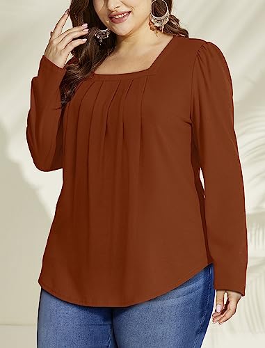 Saloogoe Tunic Tops for Women Loose Fit Dressy Casual Fall Outfits Long Sleeve Shirts Caramel M