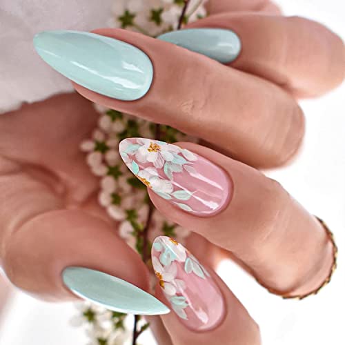 24Pcs Press on Nails Medium Length Almond Mint Green Fake Nails French Tip with Floral Leaf Designs False Nails Glossy Full Cover Glue on Nails for Women Girl Spring Nail Decorations
