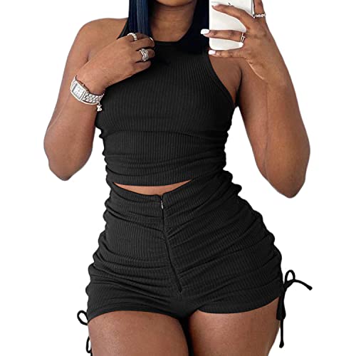 Summer Two Piece Outfits for Women, Casual Stretchy Ribbed Tank Crop Top Drawstring Ruched Shorts Set Workout Tracksuits (Black,L)