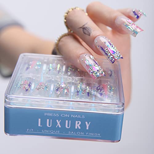 MqpQ Luxury Rainbow Press On Nails With Rhinestones Extra Long Square Fake Nails 24pc Glossy Full Cover False Nails For Women And Girls