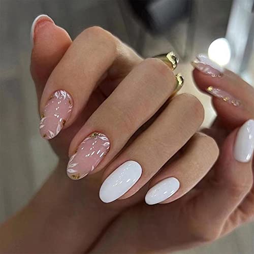 Press on Nails Medium White Full Cover Design Almond Nails Glossy Acrylic Nails Reusable Fake Nails Cute Flowers Stick on Nails for Women