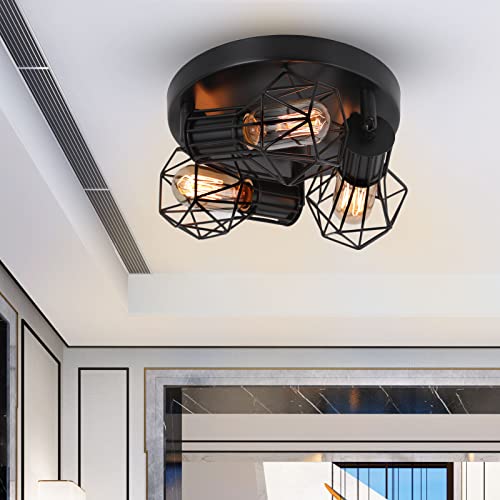 BANGANMA 3-Light Flush Mount Ceiling Light Fixture, Industrial Kitchen Light Fixtures Ceiling, E26 Black Farmhouse Ceiling Light Fixture Black for Dining Room Hallway Entryway